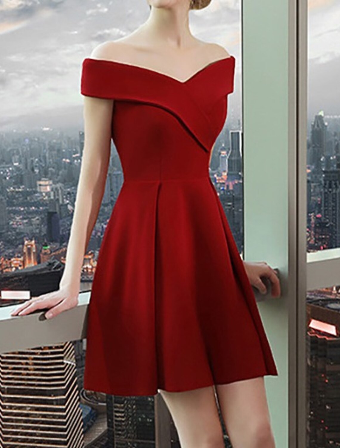 Abiti da cocktail a trapezio, eleganti, per ballo di fine anno, laurea, lunghezza al ginocchio, maniche corte, spalle scoperte, spandex, con elegante